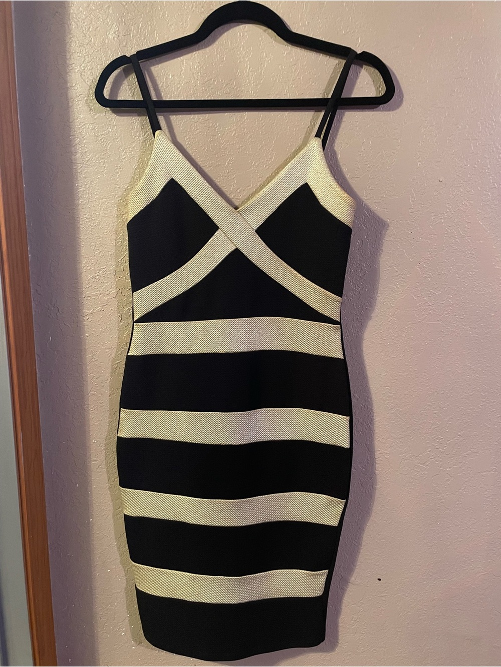 Black and Gold Striped V-Neck Bodycon Dress